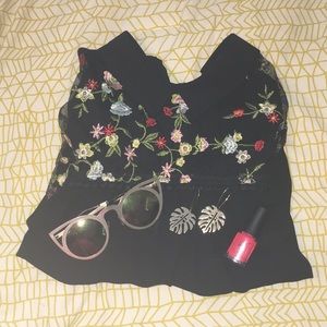 Forever 21 Large Black Embroidered Collared Top